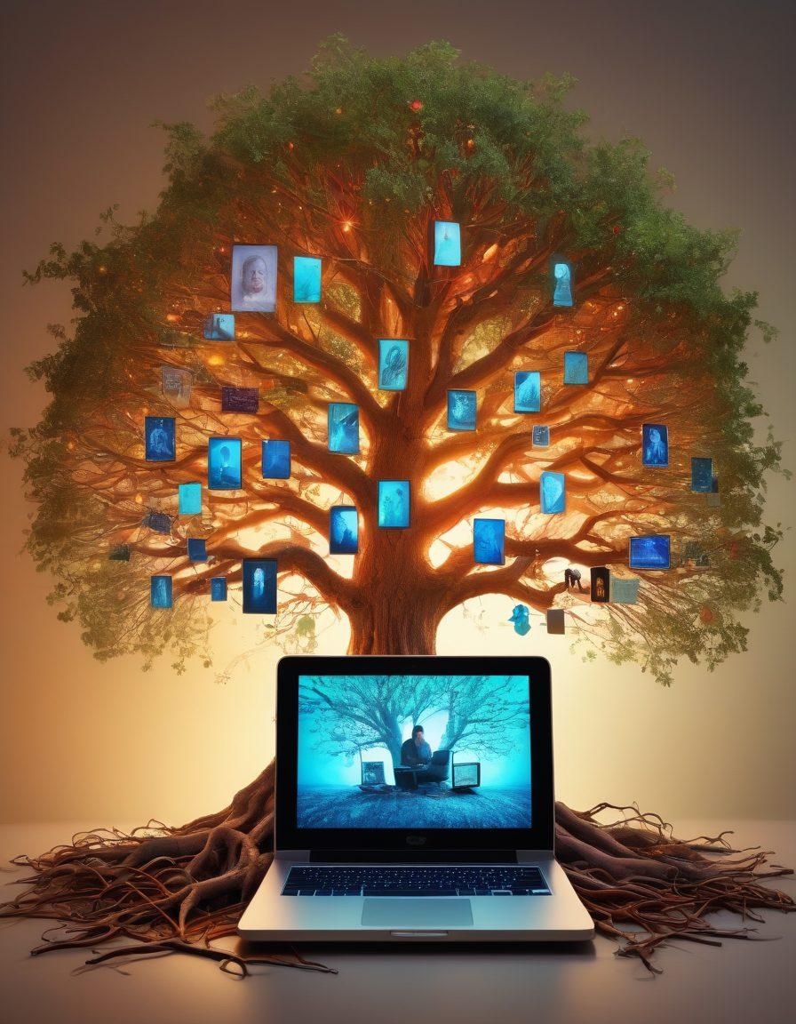 A vibrant tapestry of a family tree weaving through digital screens, showcasing photos of ancestors and modern storytelling tools like a laptop and smartphone. The roots of the tree intertwine with historical documents and vibrant, colorful story elements emerging from the branches. Surrounding the scene are glowing connections symbolizing the power of technology in connecting past and present generations. surrealism. vibrant colors. 3D.