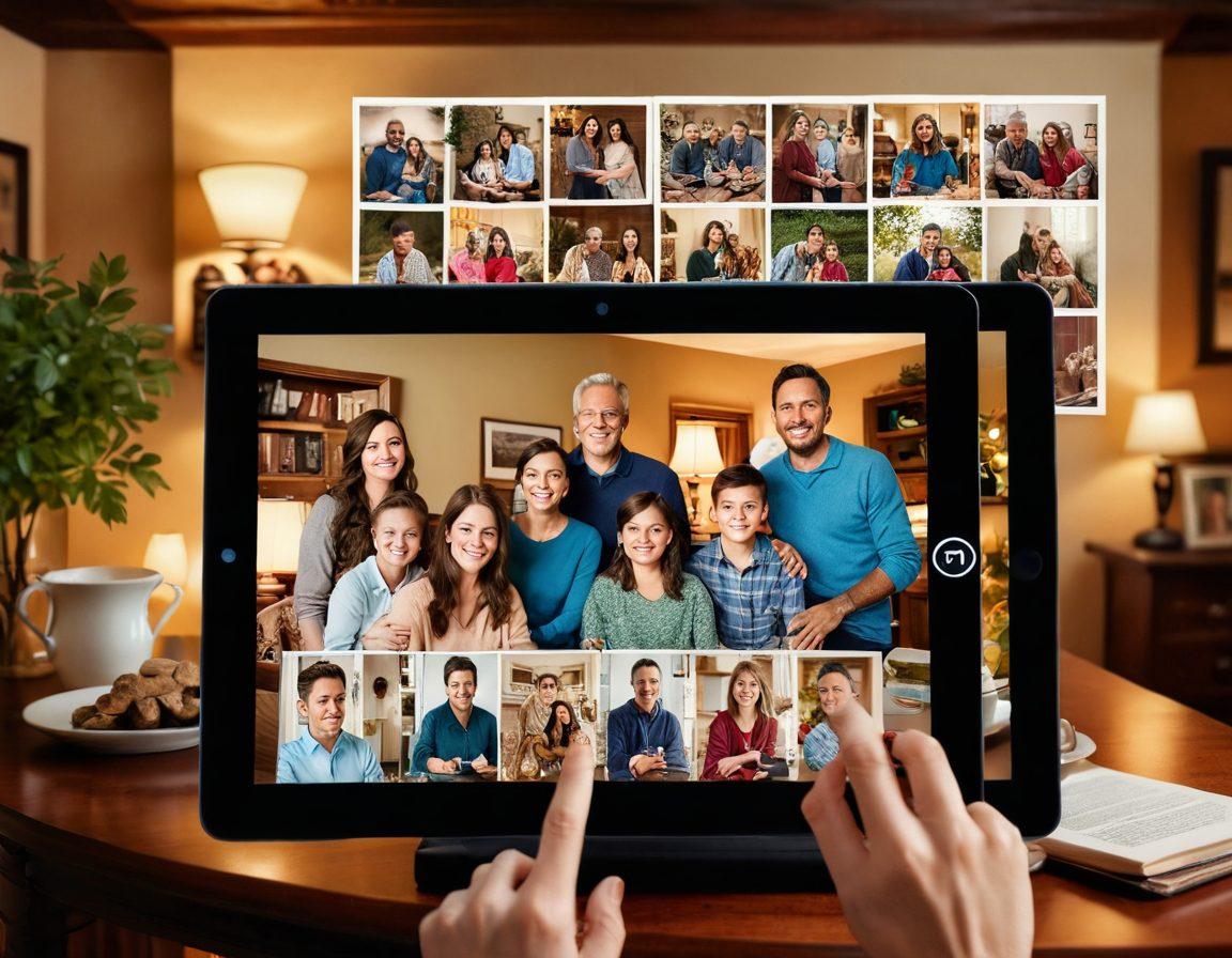 A warm family gathering around a digital device, joyfully sharing stories with holographic images of ancestors and family trees emerging from the screen. The background features a cozy home filled with ancestral artifacts and colorful family portraits hanging on the walls, creating a sense of connection to history. Bright, inviting colors to evoke emotions of nostalgia and warmth. super-realistic. vibrant colors. cozy atmosphere.