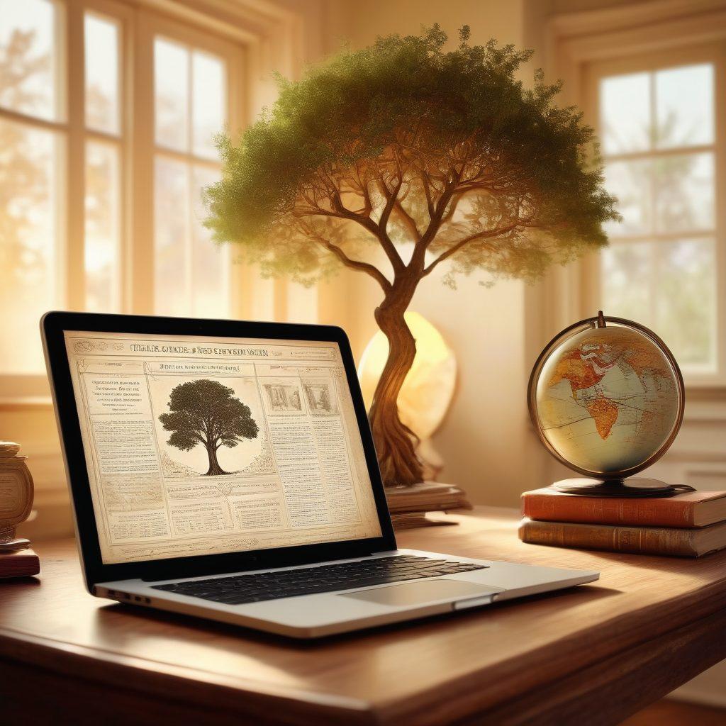 A harmonious blend of vintage and modern elements, featuring an open antique book with family tree illustrations, a laptop displaying a genealogy website, and a globe symbolizing global ancestry connections. Soft golden light illuminates the scene, with subtle hints of family photos in the background. ethereal and nostalgic. vibrant colors. 3D.